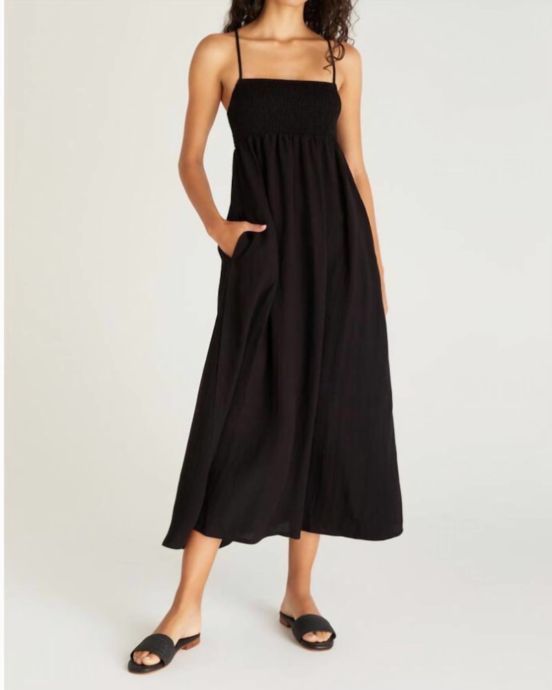Front of a model wearing a size L Beachside Midi Dress in Black in Black by Z Supply. | dia_product_style_image_id:339311